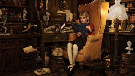 :-) - fantasy, armchair, book, rendering, girl, room, pisici, cat