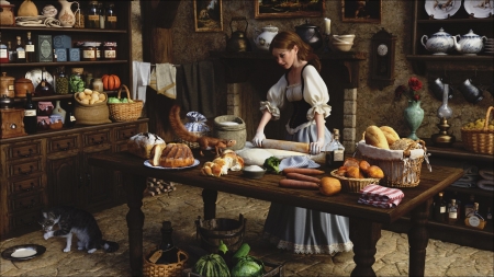 :-) - painting, art, girl, kitchen, cat, room, pictura, food