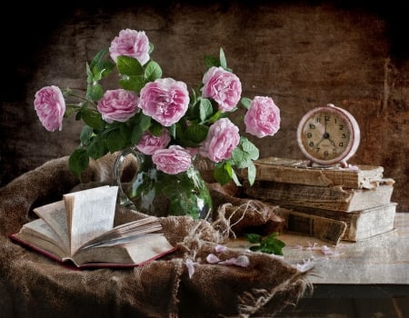 Still life - roses, books, clock, bouquet, flowers