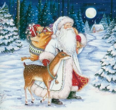 Santa in  the Forest - santa, deer, snow, claus, forest