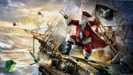 Pirate Santa Claus - santa, ship, funny, pirate