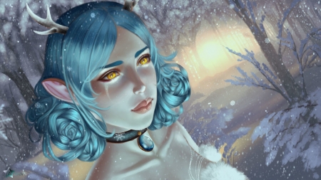 First snow - girl, iarna, winter, aoleev, fantasy, horns, luminos, blue, snow