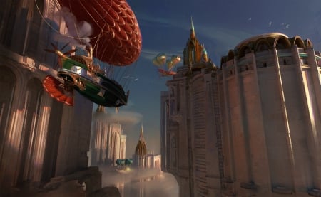 Airship - airship, jan sarbort, city, fantasy, world, red, art, luminos, sky