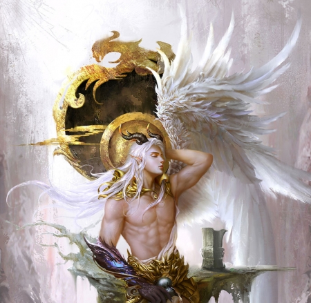 Archangel - gjschoolart, feather, angel, man, fantasy, white, archangel, wings, golden, luminos