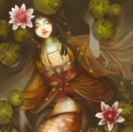 Mermaid - lotus, fantasy, siren, water, mermaid, aramisdream, flower, luminos