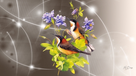 Birds & Blossoms - summer, sparkle, flowers, spring, leaves, stars, fuscia, firefox theme, natural, nature, birds, exotic