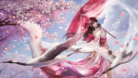 Blossom Beauty - pretty, bird, blossom, girl, pink, fantasy, digital, woman, art