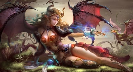 Dragon Beauty - pretty, girl, fantasy, dragon, digital, woman, wings, art, wallpaper