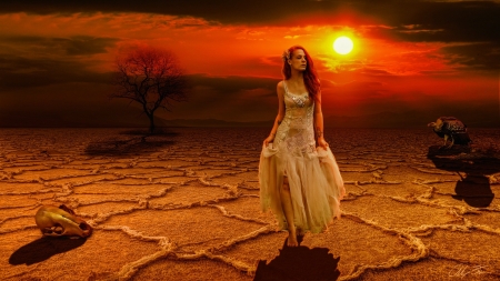 Sunset Girl - woman, sky, art, sun, desert