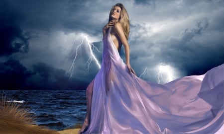 Sultry Beauty by The Sea - sultry, woman, sexy, feminine, water, gown, storm, beautiful, ethereal, lightening, blonde