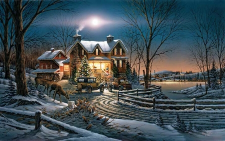 winter scene - street, house, winter, deer, painting