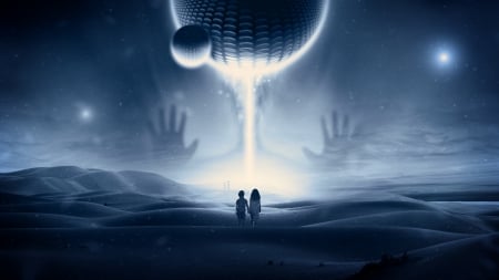 :-) - moon, couple, ufo, fantasy, white, children, meeting, hand, blue, luminos, luna, planet, jonny lindner