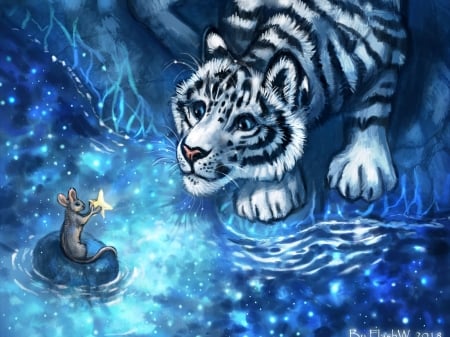 Little star - fantasy, white, star, art, flashw, blue, animal, mouse, tiger