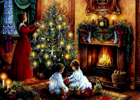 Christmas Family - children, mother, fireplace, tree, lighing, christmas