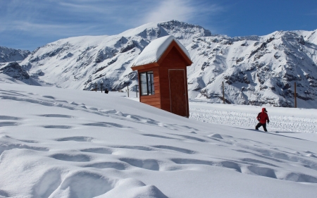 Mountain Hut in Snow - hut, winter, mountains, snow