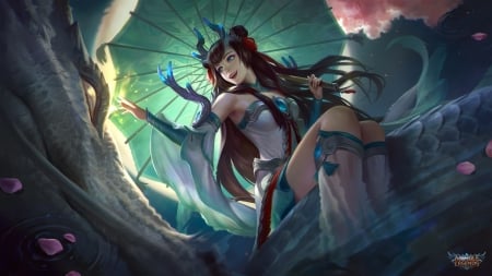 Fantasy girl - arc noir, girl, umbrella, frumusete, arcnoir, blue, mobile legends, fantasy, dragon, parasol, green