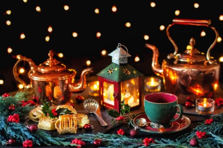 Christmas arrangement - coffee, lantern, beautiful, holiday, tea, winter, still life, christmas