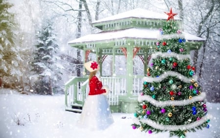 Christmas dreams - dreams, girl, winter, gazebo, christmas, cold, frost, snow, beautiful, holiday, tree, decoration