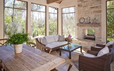 Veranda with Fireplace - veranda, fireplace, windows, furniture, interior