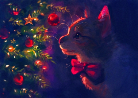 Christmas - meorow, craciun, art, bow, cat, red, pisici, christmas