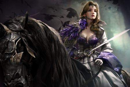 Fantasy girl - warrior, sword, horse, fantasy, luminos, girl, cal, blue