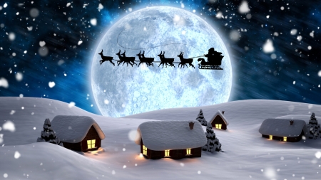 Happy New year - moon, silhouette, houses, snow flakes, santa claus, deer, lights