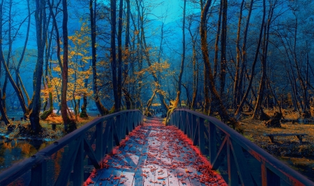 Late Autumn in Bosnia - trees, twilight, colors, bridge, leaves