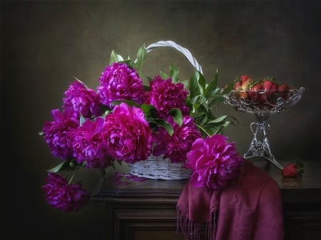 Still life - peonies, basket, flowers, strawberries