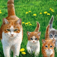 cats-grass-painting-animal-beautiful-cat-lawn-pet-feline-artwork-tails-happy-dandelions-art-kittens-big-image-gallery