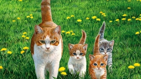 cats-grass-painting-animal-beautiful-cat-lawn-pet-feline-artwork-tails-happy-dandelions-art-kittens-big-image-gallery