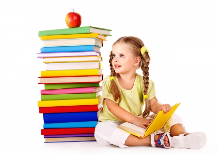 Little Girl - apple, child, books, school