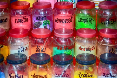 Jars of food in tThailand - thai, colorful, food, jars, rows of  food