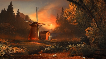 Windmill - fantasy, orange, martina stipan, windmill, luminos