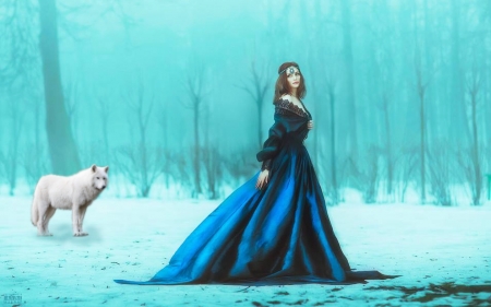 Winter Princess - Woman, blue, Princess, wolf, snow, Winter, models, forest, white, lady, woods