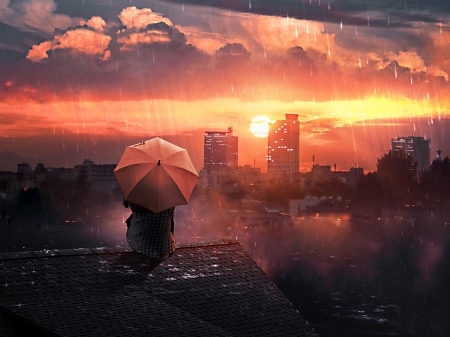 Sunset - t1na, girl, martina stipan, fantasy, umbrella, sunset, roof, rain, cloud, luminos