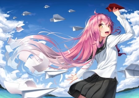 AÊŸÉªá´ á´‡ á´€É´á´… BÊ€á´‡á´€á´›ÊœÉªÉ´É¢ - sky, joy, water, mountains, blue sky, seifuku, white, black skirt, white top, clouds, anime, cute, yellow eyes, girl, superpig, pink hair, long hair, lovely, school uniform, paper planes, beautiful, sweet, uniform, blush, sea, happy