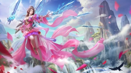 Launch of the Swords - pretty, warrior, girl, city, fantasy, digital, woman, art, wallpaper