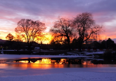 Sunset - Trees, Nature, Winter, Lake, Ice