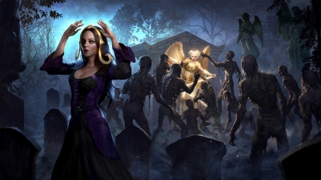 Unholy hunger - zombie, blue, girl, angel, lasahido, witch, fantasy, golden, art, luminos