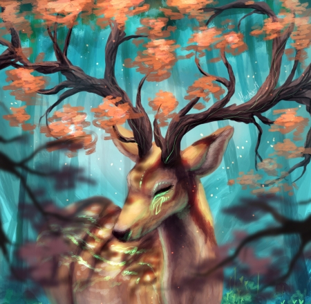 Deer - minea juntura, deer, blue, fantasy, cerb, orange, luminos, autumn, horns