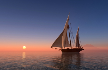 Sailboat - horizon, sky, sun, coastline, sunset, sea