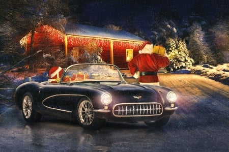 Ho, ho, ho... - man, corvette classic, christmas, santa, pictura, retro, car, craciun, vintage, red, painting, art