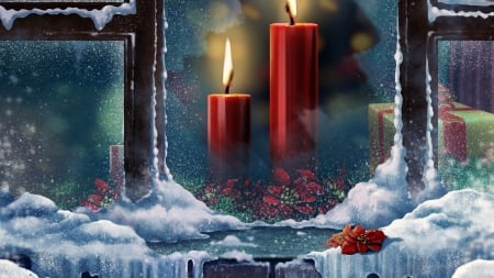 Burning Candles - burning, red, window, snow, candles