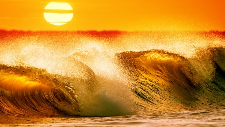 Golden waves - ocean, sea, wave, sun