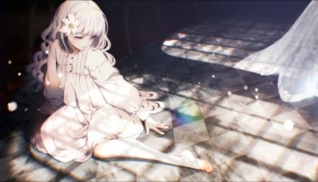 Prism of Solitude - Cute, Alone, Sweet, Light, White Hair, Lonely, Tiles, Lovely, Anime, White, Curtain, Beautiful, Black and White, Pretty, Barefoot, Golden Eyes, Girl, Window, Floor