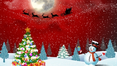 Flight of Santa - sleigh, star, trees, snowman, snow, Christmas tree, holiday, New Year, reindeer, Christmas, Christmas eve, full moon, sky