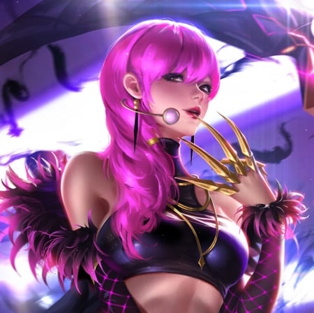 Evelyn - girl, luminos, pink, blue, hand, liang xing, fantasy