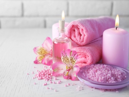 Spa concept - flowers, candle, salt, towel