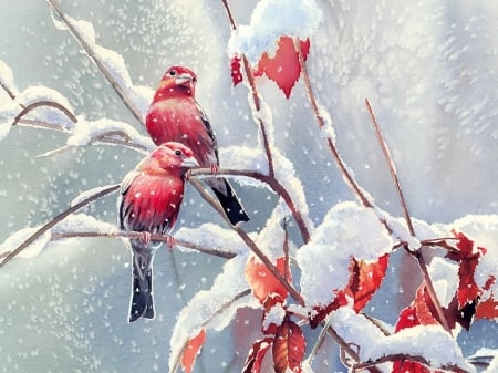 Birds in snow - painting, art, snow, birds