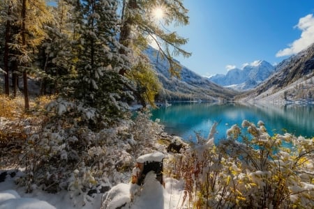 Winter lake - lake, winter, reflection, view, beautiful, frost, mountain